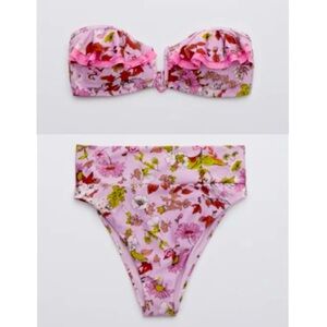 🆕 AERIE 2-pc Ruffle Bandeau Bikini Top & High Cut Cheeky Bottom